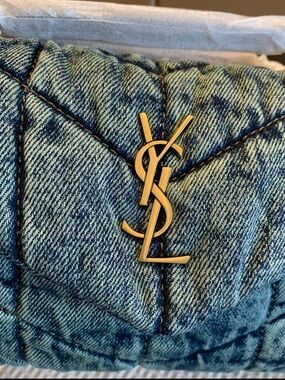 Quilted Denim Shoulder Bag in Blue with Gold Logo